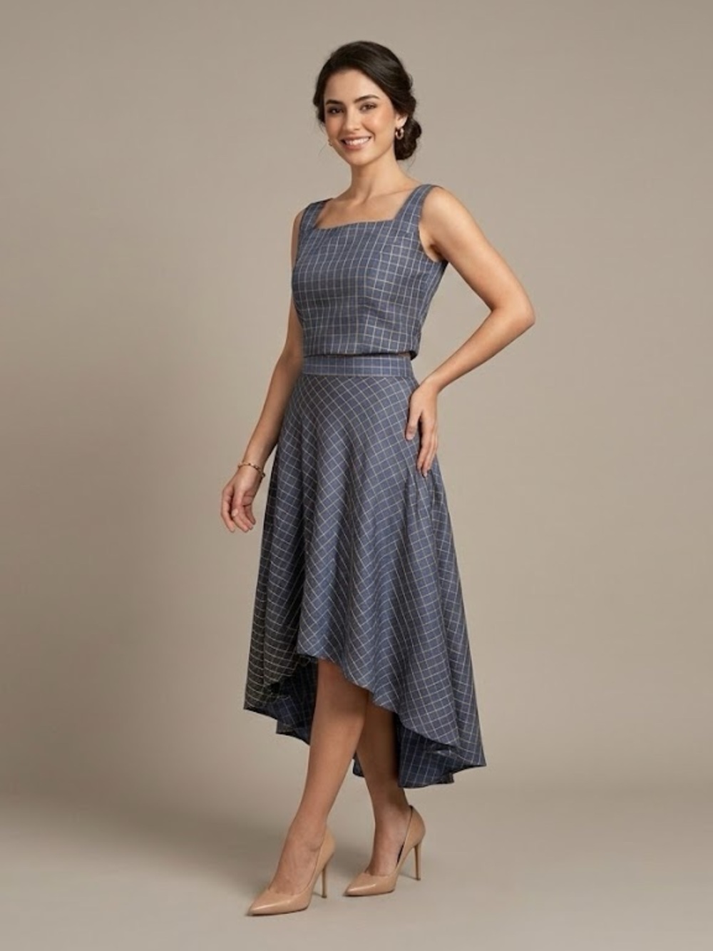Sleeveless Square Neck Two-Piece Midi Dress in Blue Plaid
